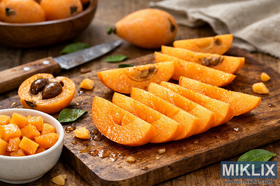 High-resolution photo of freshly sliced loquats arranged on a wooden cutting board with whole loquats, halved fruits showing seeds, and a small bowl of diced loquat pieces in warm natural light. High-resolution photo of freshly sliced loquats arranged on a wooden cutting board with whole loquats, halved fruits showing seeds, and a small bowl of diced loquat pieces in warm natural light.
