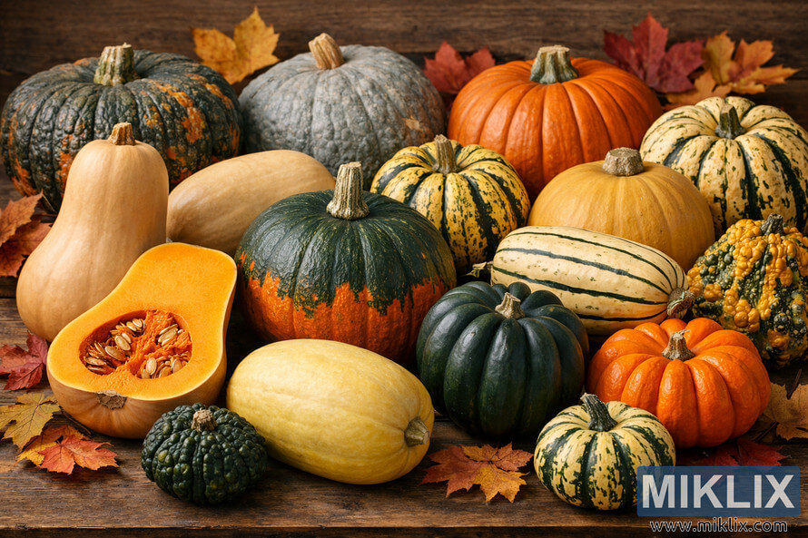 A landscape photograph showing a diverse assortment of winter squash varieties arranged on a rustic wooden surface with autumn leaves scattered around.