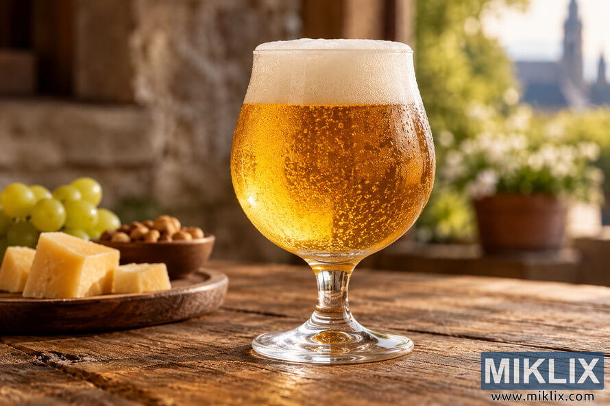 Golden blonde ale with a foamy head in a chilled tulip glass on a rustic wooden table, with cheese, nuts, grapes, and a sunlit garden background. Golden blonde ale with a foamy head in a chilled tulip glass on a rustic wooden table, with cheese, nuts, grapes, and a sunlit garden background.