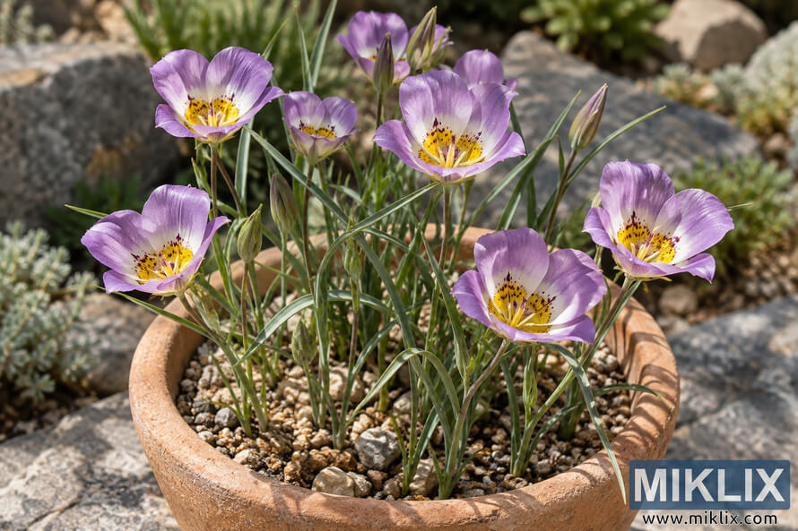 Purple and white Calochortus venustus flowers growing in a terracotta container filled with coarse gravel in a sunny rock garden. Purple and white Calochortus venustus flowers growing in a terracotta container filled with coarse gravel in a sunny rock garden.