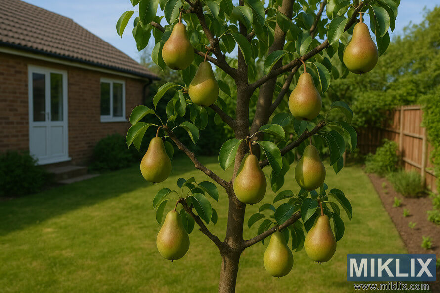 Pear tree with ripe fruit in a summer garden beside a brick house.
