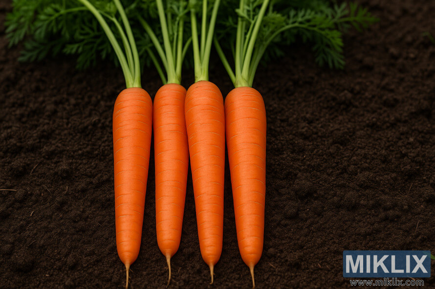 Cuatro zanahorias Nantes lisas y cilÃ­ndricas con puntas verdes colocadas sobre tierra oscura.