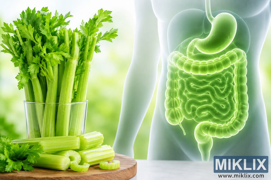 High-resolution landscape illustration showing fresh green celery stalks in a glass beside a glowing transparent human torso with highlighted digestive organs, symbolizing digestive system health and natural wellness support.