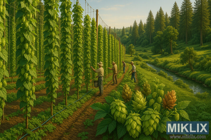 Willamette'i orus vÃµredel olevad humalakastide read, kus pÃµllumehed hoolitsevad taimede eest ja kuldses pÃ¤ikesevalguses kÃ¼nklikud mÃ¤ed.