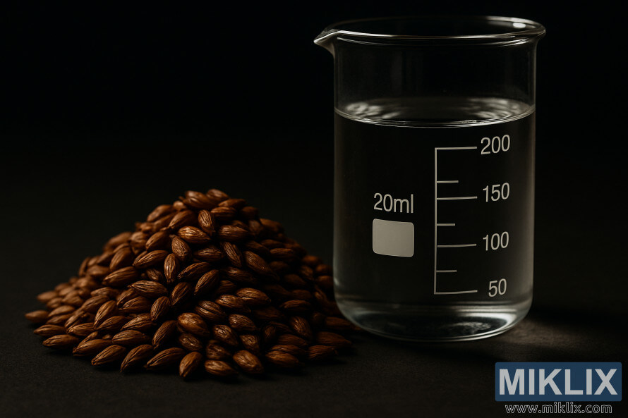 Makro snÃmek jantarových sladových zrn a vody k vaÅenà ve sklenÄné kádince na tmavém pozadÃ. Makro snÃmek jantarových sladových zrn a vody k vaÅenà ve sklenÄné kádince na tmavém pozadÃ.