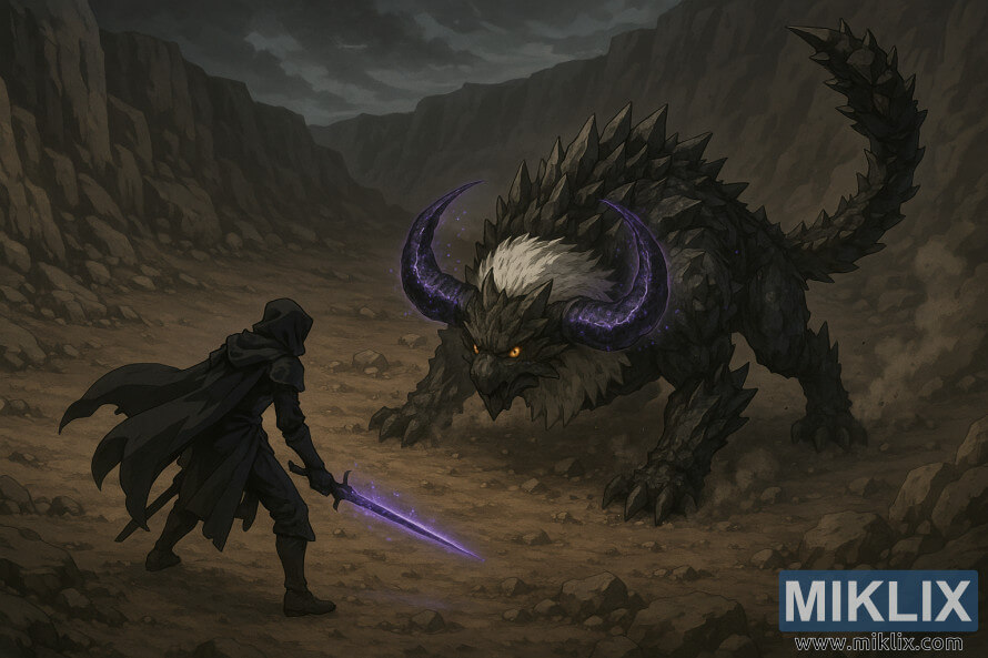 Fan art isometrica in stile anime che mostra l'armatura Tarnished in Black Knife che affronta un'enorme Bestia Fallingstar nel cratere dell'altopiano di South Altus.