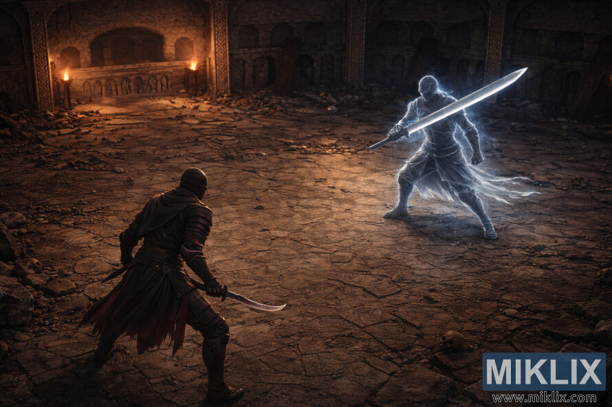 Isometric fantasy scene showing the Tarnished in Black Knife armor facing a ghostly blue knight with a massive great katana inside a vast stone mausoleum. Isometric fantasy scene showing the Tarnished in Black Knife armor facing a ghostly blue knight with a massive great katana inside a vast stone mausoleum.