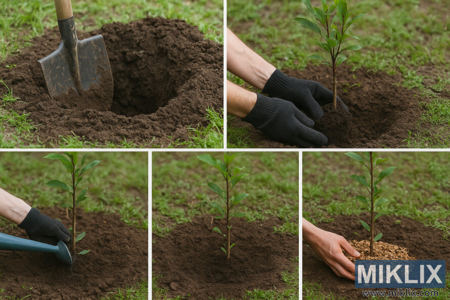 Kolase foto yang menunjukkan lima langkah penanaman pohon plum muda di taman.