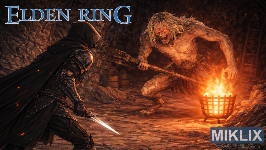 Dark fantasy fan art of a Black Knife armored Tarnished confronting the Scaly Misbegotten boss in a firelit cave from Elden Ring. Dark fantasy fan art of a Black Knife armored Tarnished confronting the Scaly Misbegotten boss in a firelit cave from Elden Ring.