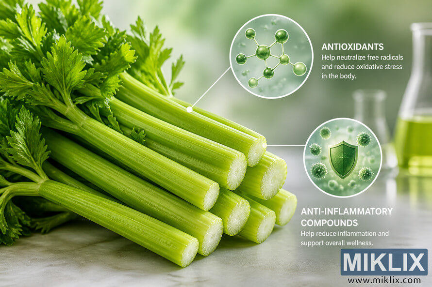 Fresh green celery stalks displayed in a clean laboratory-inspired setting with scientific infographic overlays illustrating antioxidant molecules and anti-inflammatory protective compounds. The landscape-oriented composition features vibrant celery textures, soft natural lighting, and educational health-focused graphics connected to the vegetable with minimalist white lines.