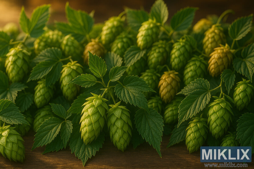 Surtido de lÃºpulos Sterling frescos y otros lÃºpulos con luz de hora dorada.