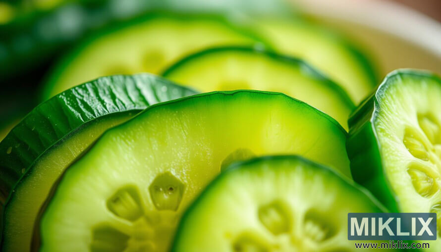 ÃlÃ©nk zÃ¶ld Ã¡rnyalatÃº Ã©s Ã¡ttetszÅ hÃºsÃº szeletelt uborka kÃ¶zeli kÃ©pe lÃ¡gy megvilÃ¡gÃ­tÃ¡sban.
