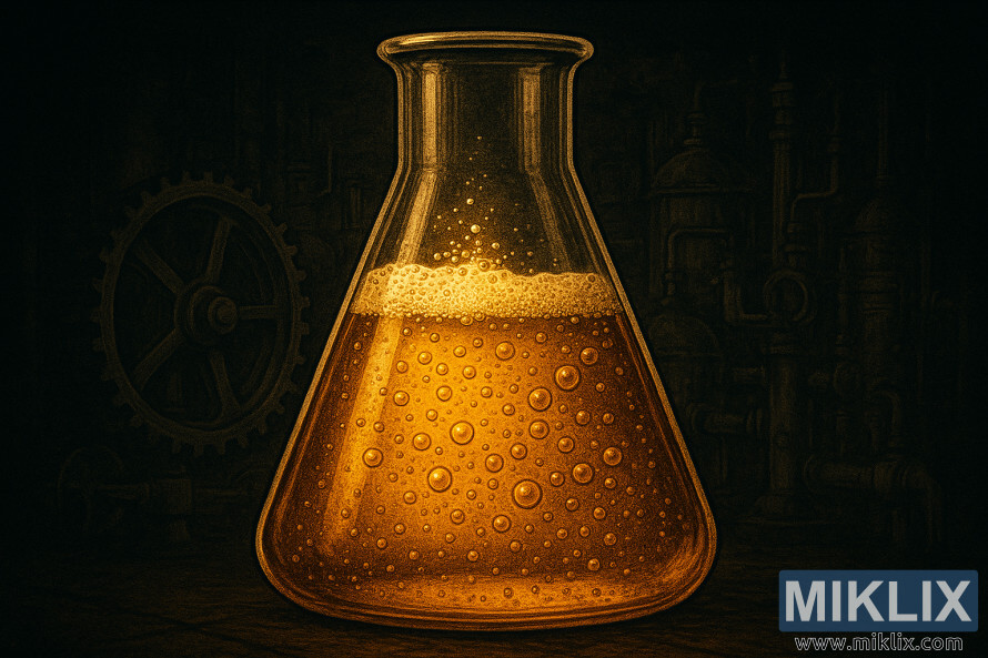 Egy aranyló, pezsgÅ folyadékkal töltött üveglombik részletes, vintage stÃlusú illusztrációja sötét ipari háttér elÅtt, fogaskerekekkel és csövekkel. Egy aranyló, pezsgÅ folyadékkal töltött üveglombik részletes, vintage stÃlusú illusztrációja sötét ipari háttér elÅtt, fogaskerekekkel és csövekkel.