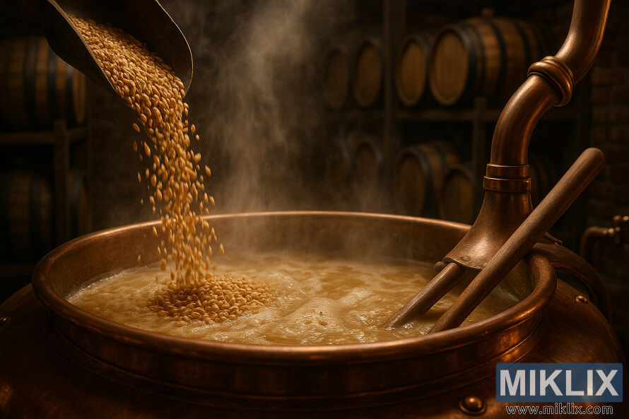Koparbruggketill með gullnum hveitimaltkjörnum sem hellt er Ã, gufa stÃgur upp à notalegu brugghúsi. Koparbruggketill með gullnum hveitimaltkjörnum sem hellt er Ã, gufa stÃgur upp à notalegu brugghúsi.