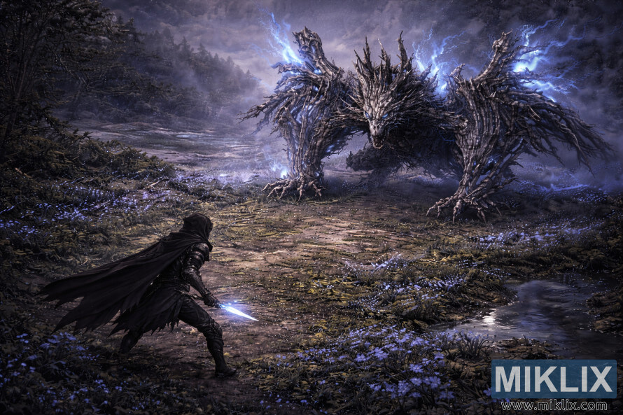 Isometrische Ansicht des in Schwarzmesser-RÃ¼stung gehÃ¼llten Befleckten, der einem kolossalen Geisterflammen-Drachen an der nebligen AzurkÃ¼ste gegenÃ¼bersteht.