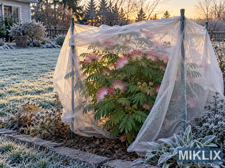 Pink powder puff plant covered with translucent frost cloth in a frosty garden at sunrise. Pink powder puff plant covered with translucent frost cloth in a frosty garden at sunrise.