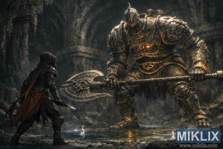 Realistic fantasy scene of a lone armored warrior confronting a gigantic stone golem boss inside a dark underground cave with shallow water reflections.
