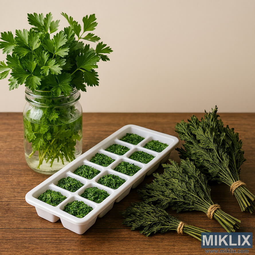 Du persil frais dans lâeau, du persil congelÃ© dans un plateau Ã  glaÃ§ons, et des paquets de persil sÃ©chÃ© sur une surface en bois