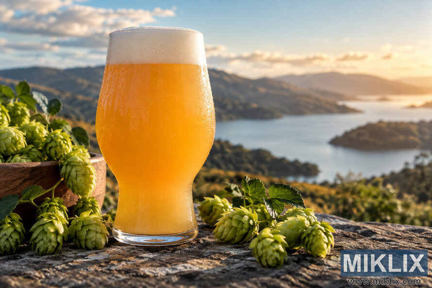 Landscape photograph of a chilled glass of golden-orange hazy IPA with a creamy foam head and condensation, surrounded by fresh green Kohatu hop cones and leaves on a rustic stone ledge overlooking blue water and sunlit mountains at golden hour. Landscape photograph of a chilled glass of golden-orange hazy IPA with a creamy foam head and condensation, surrounded by fresh green Kohatu hop cones and leaves on a rustic stone ledge overlooking blue water and sunlit mountains at golden hour.