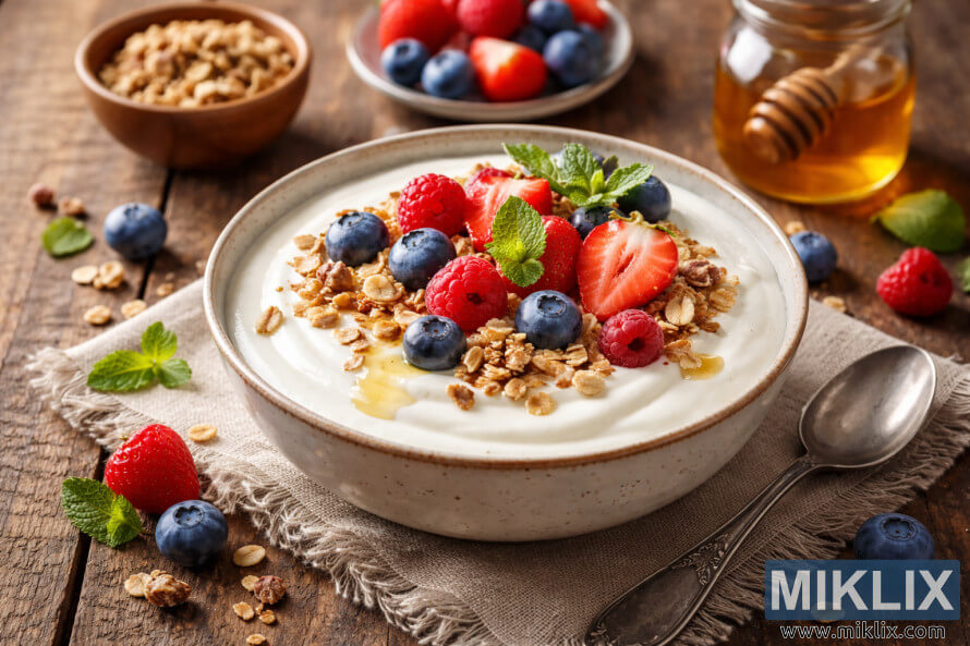 Bowl of creamy yogurt topped with strawberries, blueberries, raspberries, granola, mint, and honey on a rustic wooden table.