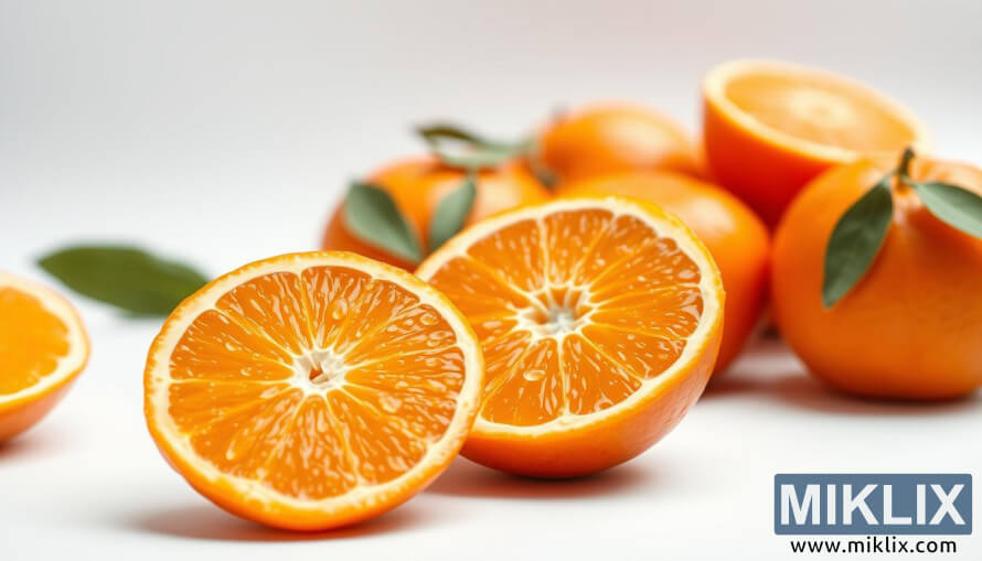 Jugosa rodaja de naranja con naranjas enteras sobre un fondo blanco bajo una luz suave.