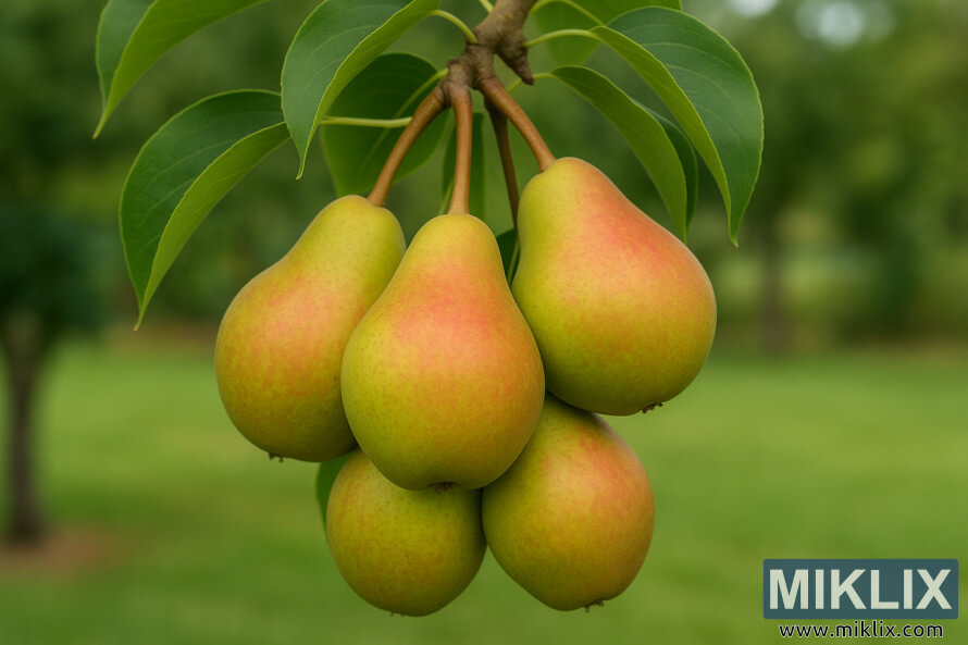 Cluster of ripe Kieffer pears with green-yellow skins and red blush hanging from a branch.