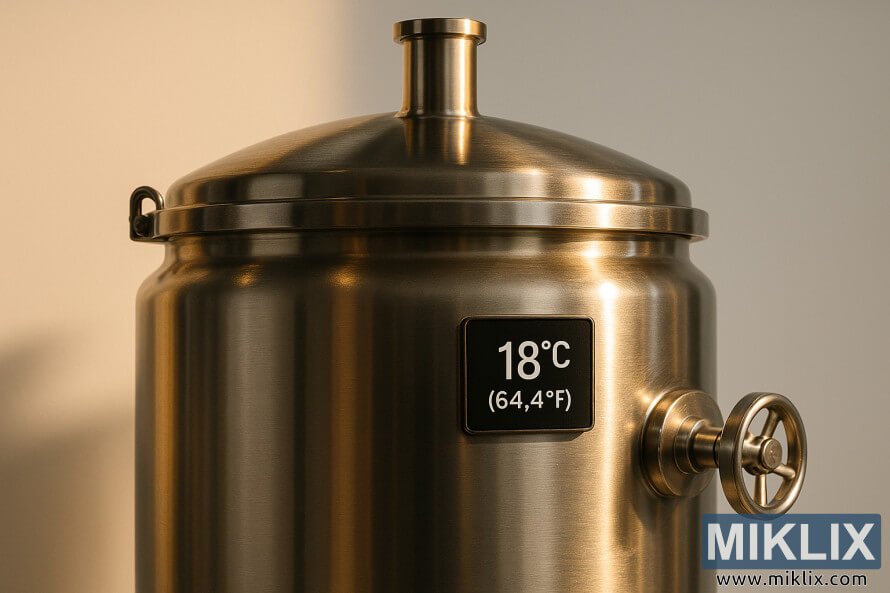 Tanque de fermentaÃ§Ã£o em aÃ§o inoxidÃ¡vel com visor digital com leitura de 18Â°C.