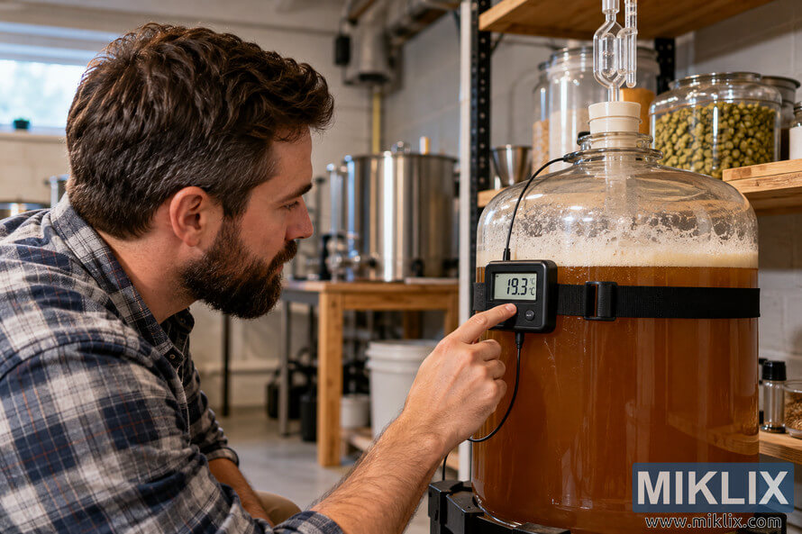 Homebrewer checks a digital thermometer reading 19.3°C on a large glass carboy filled with amber fermenting liquid in a home brewing workspace. Homebrewer checks a digital thermometer reading 19.3°C on a large glass carboy filled with amber fermenting liquid in a home brewing workspace.