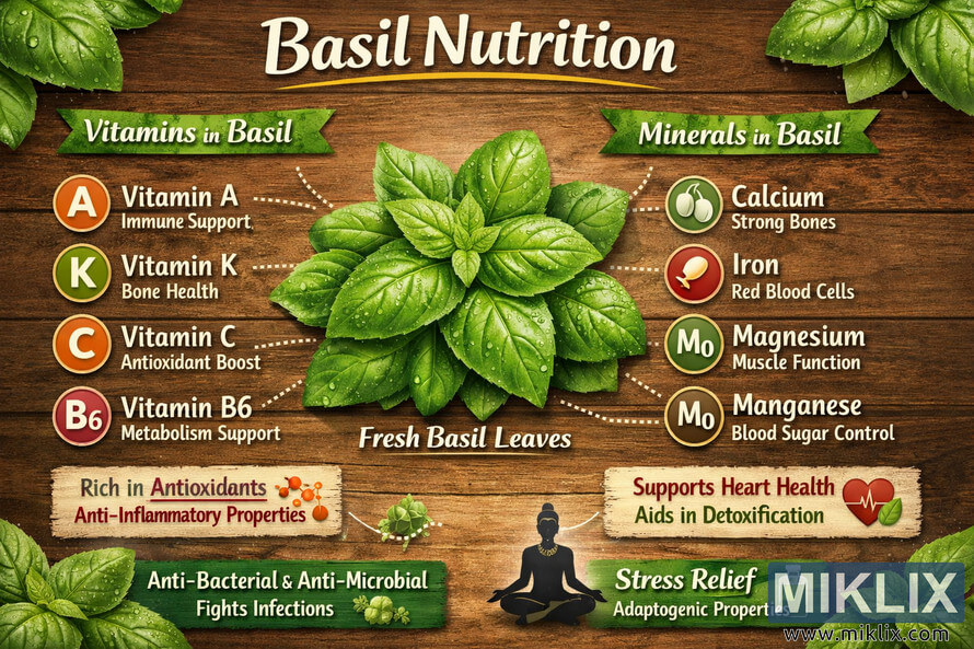 Infographic showing vitamins and minerals in fresh basil leaves, including Vitamin A, K, C, B6, Calcium, Iron, Magnesium, and Manganese, with icons and health benefit labels on a wooden background.