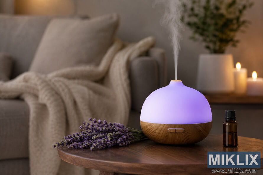 A softly glowing lavender aromatherapy diffuser sits on a round wooden table in a warm, cozy living room. Gentle mist rises from the diffuser beside fresh lavender sprigs and a small amber essential oil bottle, while candles glow softly in the blurred background near a comfortable couch draped with a knitted blanket. A softly glowing lavender aromatherapy diffuser sits on a round wooden table in a warm, cozy living room. Gentle mist rises from the diffuser beside fresh lavender sprigs and a small amber essential oil bottle, while candles glow softly in the blurred background near a comfortable couch draped with a knitted blanket.