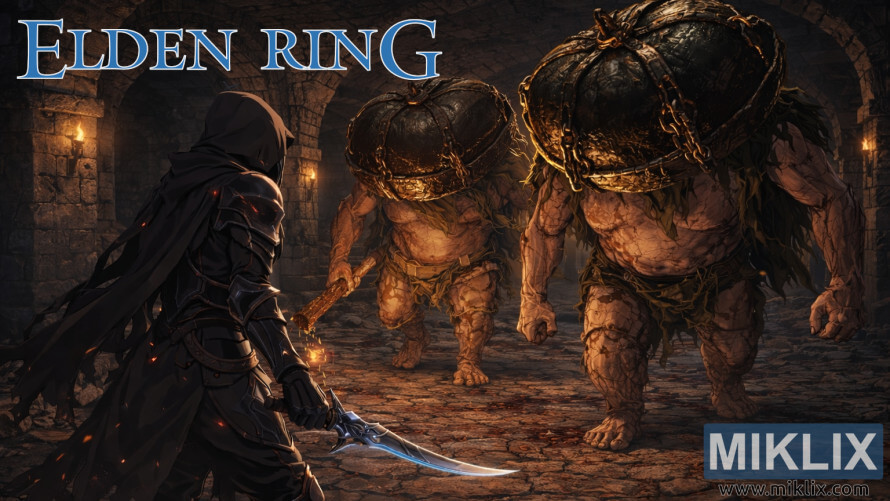 एल्डन रिंग प्लेयर का फैन आर्ट, जो ब्लैक नाइफ आर्मर में है और कैलेम रुइन्स में दो मैड पंपकिन हेड्स से लड़ रहा है।