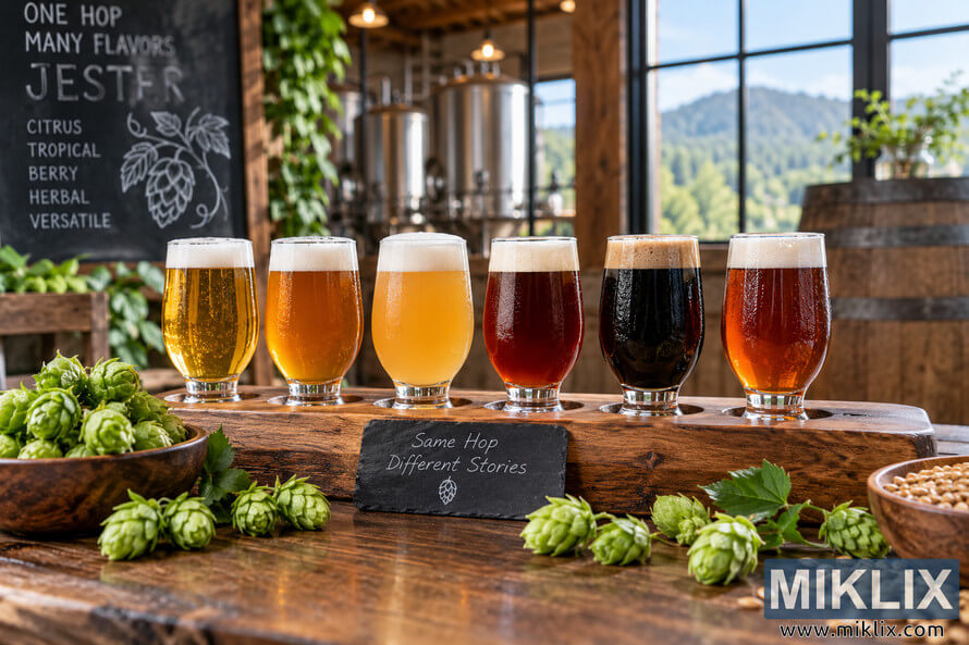 Six different beer styles ranging from pale gold and hazy yellow to amber, dark stout, and copper sit in a wooden tasting flight surrounded by fresh hops and malted barley in a warm brewery tasting room, illustrating the versatility of Jester hops. Six different beer styles ranging from pale gold and hazy yellow to amber, dark stout, and copper sit in a wooden tasting flight surrounded by fresh hops and malted barley in a warm brewery tasting room, illustrating the versatility of Jester hops.