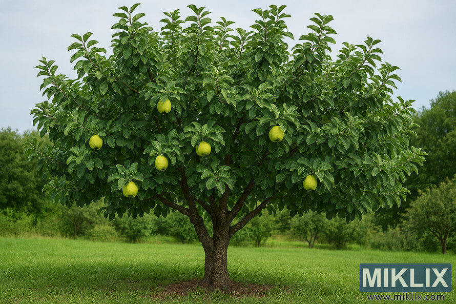 Landscape photo of a healthy mature quince tree with dense foliage and ripening fruit