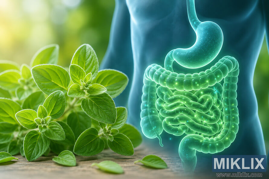 Illustration of a healthy human digestive system glowing in teal and green tones beside fresh oregano leaves on a wooden surface, symbolizing natural digestive wellness and herbal health support. Illustration of a healthy human digestive system glowing in teal and green tones beside fresh oregano leaves on a wooden surface, symbolizing natural digestive wellness and herbal health support.