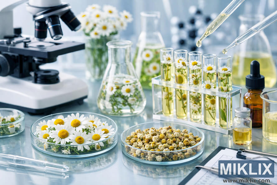 A detailed laboratory scene showing chamomile samples in Petri dishes, test tubes, and flasks under bright lighting, with a microscope and pipettes nearby.