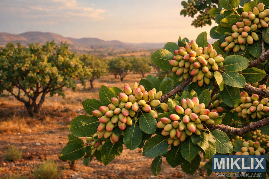 Landscape photograph of a pistachio tree in a rural orchard at golden hour, with branches in the foreground covered in dense clusters of ripening pistachio nuts. The nuts range from pale green to blush pink and are attached to reddish stems surrounded by large, vibrant green leaves with pronounced veins. In the softly blurred background, more pistachio trees stretch across dry, reddish-brown soil toward gently rolling hills under a warm, golden sky that fades into pale blue with wispy clouds.