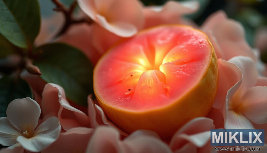 ZralÃ¡ guava usazenÃ¡ mezi jemnÃ½mi kvÄtinovÃ½mi okvÄtnÃ­mi lÃ­stky pod teplÃ½m svÄtlem v snovÃ©, uklidÅujÃ­cÃ­ atmosfÃ©Åe.