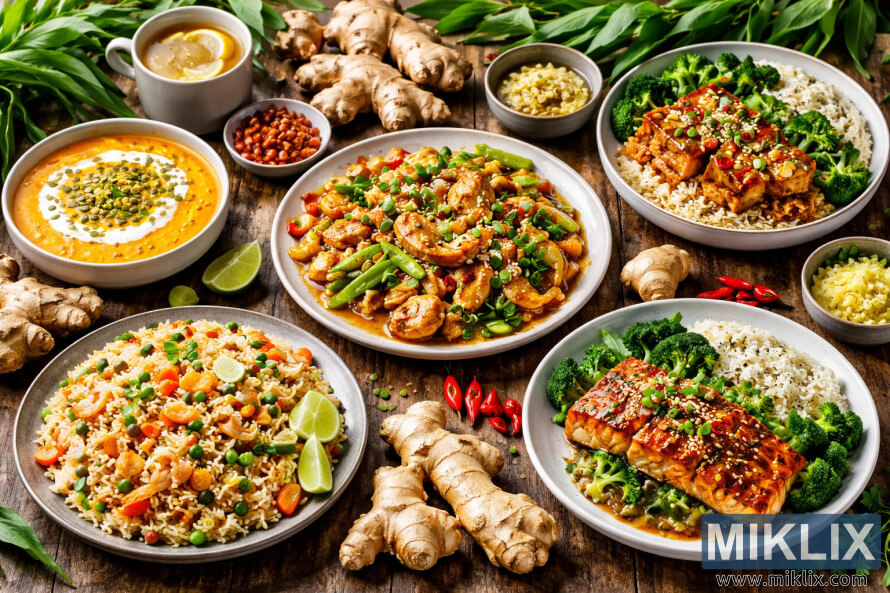 Een landschapsfoto van diverse gerechten met gember, waaronder roerbakgerechten, zalm, gebakken rijst, soep en verse gemberwortels, uitgestald op een rustieke houten tafel. Een landschapsfoto van diverse gerechten met gember, waaronder roerbakgerechten, zalm, gebakken rijst, soep en verse gemberwortels, uitgestald op een rustieke houten tafel.