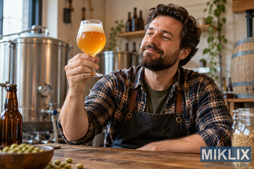 Bearded homebrewer holding a golden Belgian-style beer in a tulip glass beside stainless-steel brewing equipment, hops, grain, and a wooden barrel. Bearded homebrewer holding a golden Belgian-style beer in a tulip glass beside stainless-steel brewing equipment, hops, grain, and a wooden barrel.