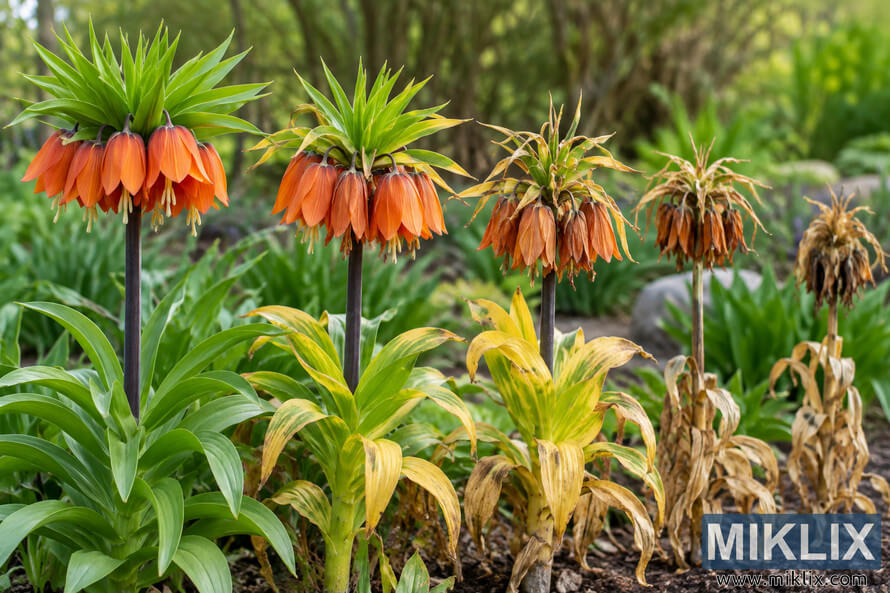 Crown imperial plants progressing from green foliage and orange flowers to yellow, brown, dried leaves and faded blooms in a garden bed. Crown imperial plants progressing from green foliage and orange flowers to yellow, brown, dried leaves and faded blooms in a garden bed.