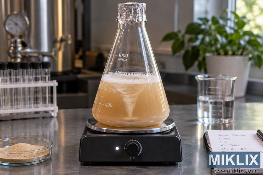 Photorealistic ale yeast starter in a foil-covered Erlenmeyer flask on a magnetic stir plate, with cloudy wort, surface foam, and a visible vortex showing active propagation in a brewing workspace.