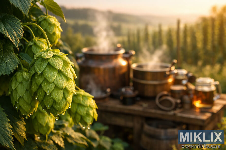 Landscape photo of fresh green Pilgrim hop cones in sharp focus, glistening with morning dew, hanging from a vine in the foreground. Behind them, slightly blurred, is a rustic outdoor brewing setup with copper kettles emitting gentle steam, a wooden barrel, and assorted brewing tools. In the distant background, rolling hop fields and soft hills are bathed in warm golden sunlight, creating a tranquil, craft-focused atmosphere. Landscape photo of fresh green Pilgrim hop cones in sharp focus, glistening with morning dew, hanging from a vine in the foreground. Behind them, slightly blurred, is a rustic outdoor brewing setup with copper kettles emitting gentle steam, a wooden barrel, and assorted brewing tools. In the distant background, rolling hop fields and soft hills are bathed in warm golden sunlight, creating a tranquil, craft-focused atmosphere.