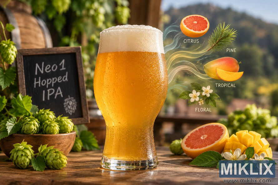 Golden Neo1 hopped IPA in a chilled glass with a thick creamy foam head, surrounded by fresh hops, citrus, mango and flowers, with illustrated aroma trails identifying citrus, pine, tropical and floral notes.