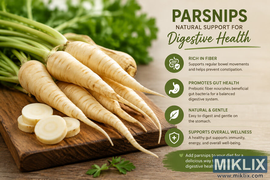 Landscape health infographic featuring fresh parsnips on a rustic wooden cutting board beside educational callouts describing the digestive health benefits of dietary fiber, gut health support, gentle digestion, and overall wellness in a clean, natural design with no visible brands. Landscape health infographic featuring fresh parsnips on a rustic wooden cutting board beside educational callouts describing the digestive health benefits of dietary fiber, gut health support, gentle digestion, and overall wellness in a clean, natural design with no visible brands.