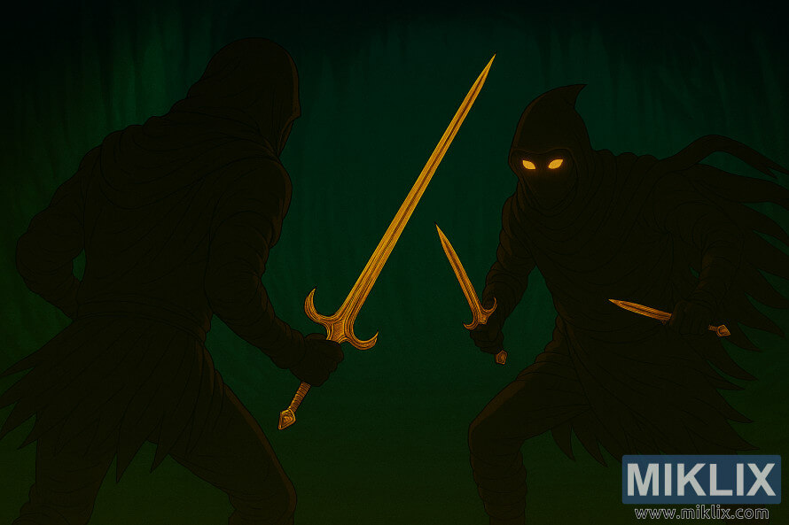 Fanart in anime-stijl van de Tarnished die met een zwaard vecht tegen een Black Knife Assassin met twee dolken in een gloeiende grot.