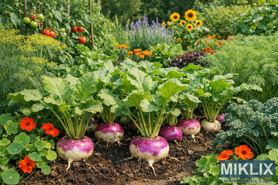 Turnips growing in a diverse vegetable garden surrounded by companion plants such as dill, kale, marigolds, and nasturtiums in rich soil on a sunny day.