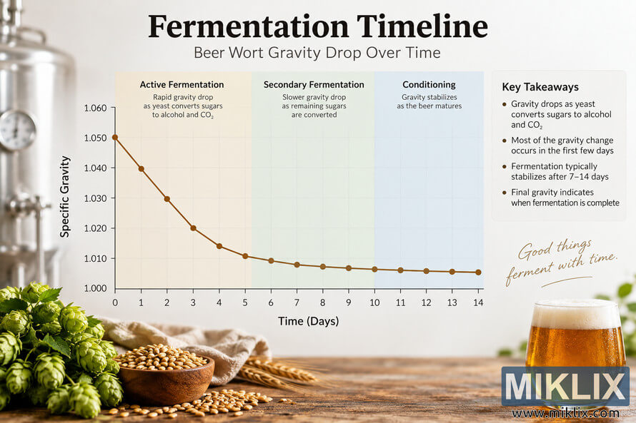 Beer fermentation timeline infographic showing wort specific gravity dropping from about 1.050 to 1.006 over 14 days, with fermentation stages and brewing ingredients.