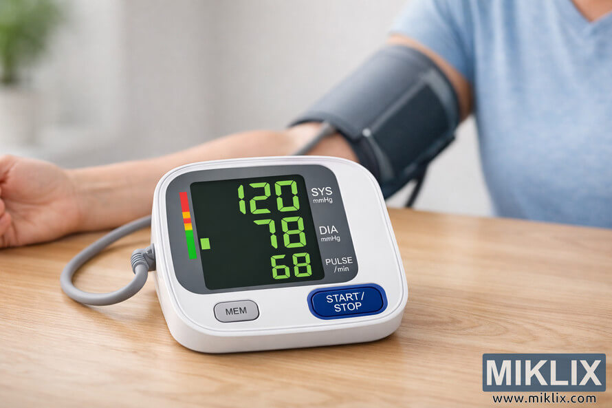 A digital blood pressure monitor displaying healthy readings of 120 systolic, 78 diastolic, and 68 pulse, with a personâs arm wearing a cuff in the background. A digital blood pressure monitor displaying healthy readings of 120 systolic, 78 diastolic, and 68 pulse, with a personâs arm wearing a cuff in the background.