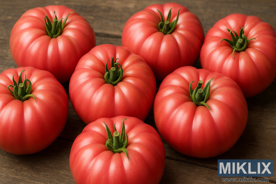 Cáº­n cáº£nh nhá»¯ng quáº£ cÃ  chua Brandywine chÃ­n há»ng ÄÆ°á»£c xáº¿p trÃªn má»t chiáº¿c bÃ n gá» má»c máº¡c.