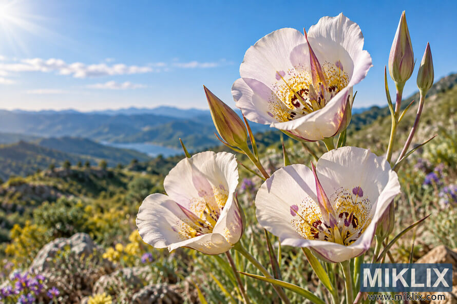 Three white mariposa lily blooms and several buds in warm spring sunlight on a rocky mountainside, with blurred blue-green ridges and water beyond. Three white mariposa lily blooms and several buds in warm spring sunlight on a rocky mountainside, with blurred blue-green ridges and water beyond.
